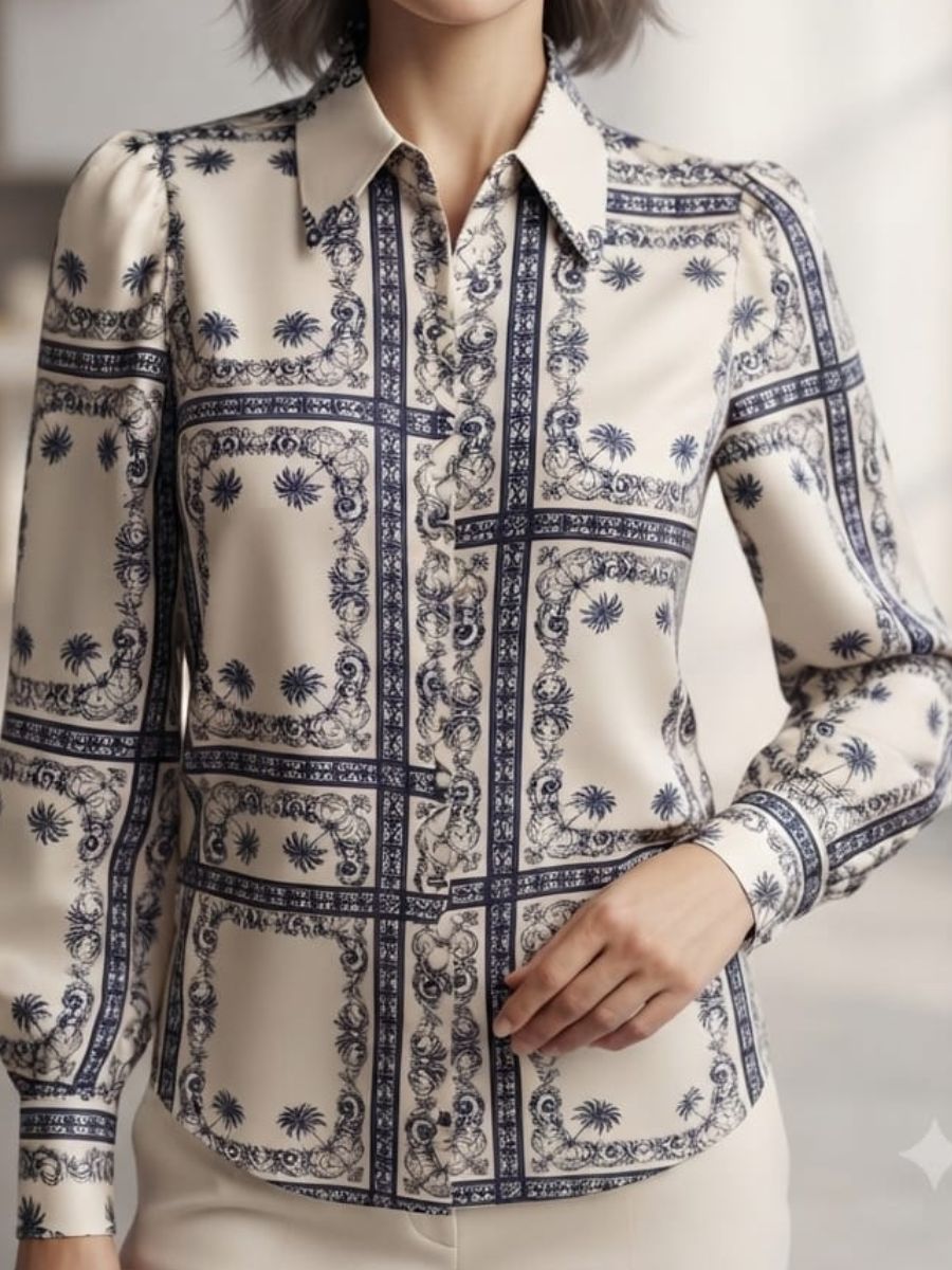 ModaFesta -blue flawer print formal satin shirt